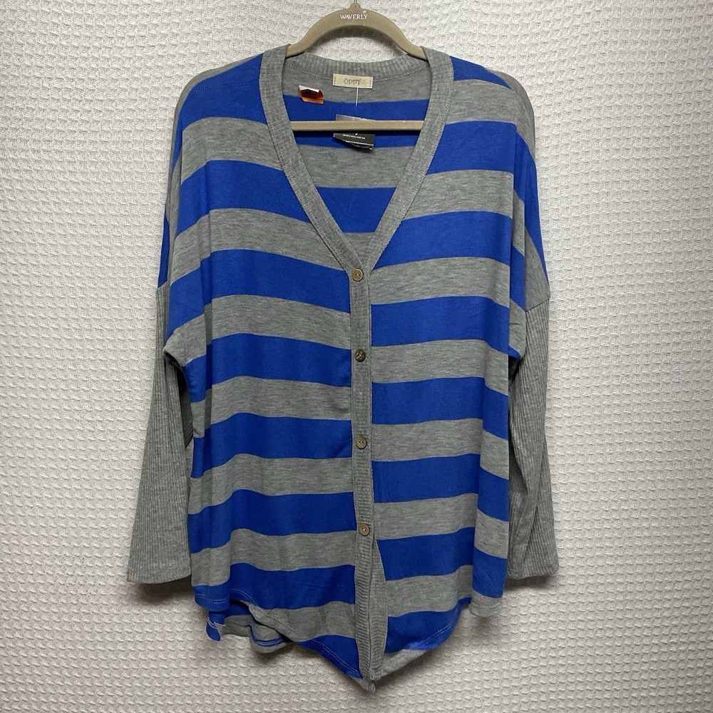 NEW ODDY V-Neck Knit Sweater Women's XL Gray Blue Striped Button Cardigan Y2K